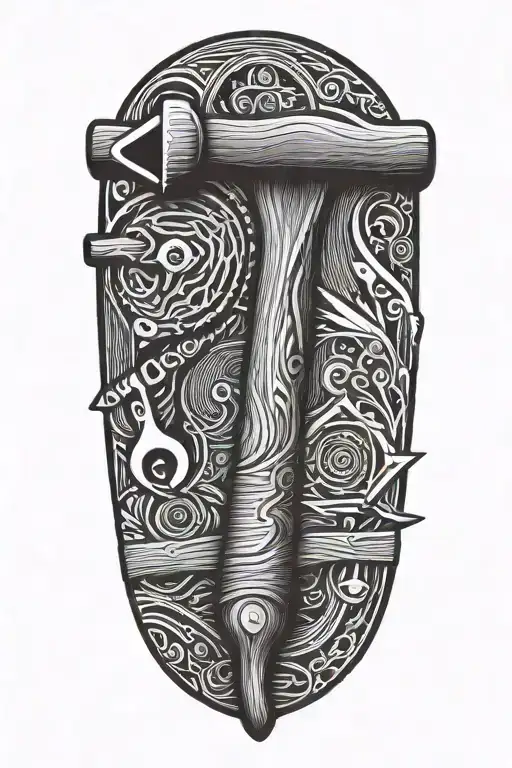 A carpenter's hammer and saw crossed over a backdrop of wood grain pattern, in blackwork style tattoo design idea