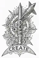 AI tattoo featuring the word CREATE centrally with features representing woodworking, art, music and rocket science tattoo design idea