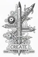 AI tattoo featuring the word CREATE centrally with features representing woodworking, art, music and rocket science tattoo design idea