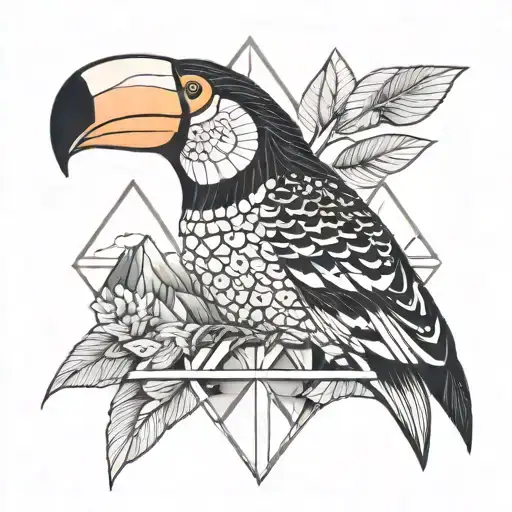 A geometric tattoo of a toucan and a jaguar in Front of a mountain tattoo design idea