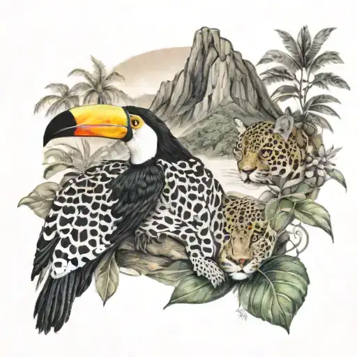  a tattoo of a toucan and a jaguar in Front of a mountain tattoo design idea