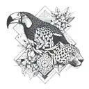 A geometric tattoo of a toucan and a jaguar in Front of a mountain tattoo design idea