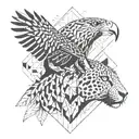 A geometric tattoo of a toucan and a jaguar in Front of a mountain tattoo design idea