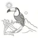  a tattoo of a toucan in Front of a mountain with the sun tattoo design idea