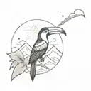  a tattoo of a toucan in Front of a mountain with the sun tattoo design idea