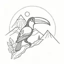  a tattoo of a toucan in Front of a mountain with the sun tattoo design idea