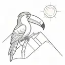  a tattoo of a toucan in Front of a mountain with the sun tattoo design idea