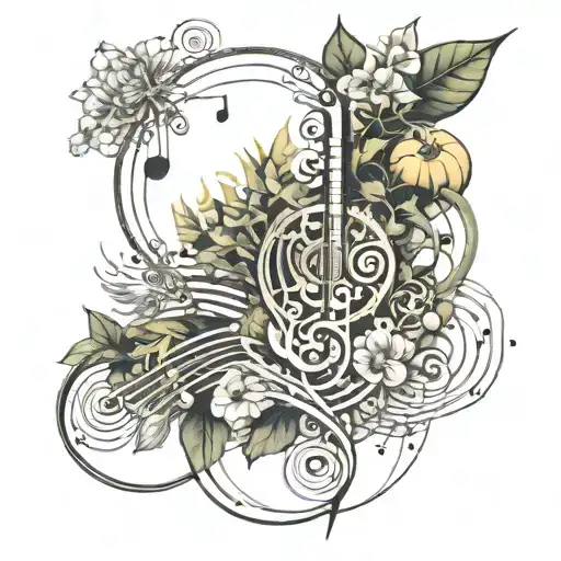 An abstract representation of the interconnectedness of nature, music, and chemistry through intricate line work tattoo design idea