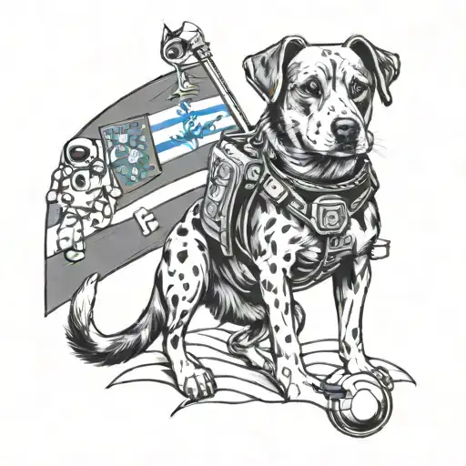 Belgium and Quebec flag merging with a dog and astronaut motif tattoo design idea