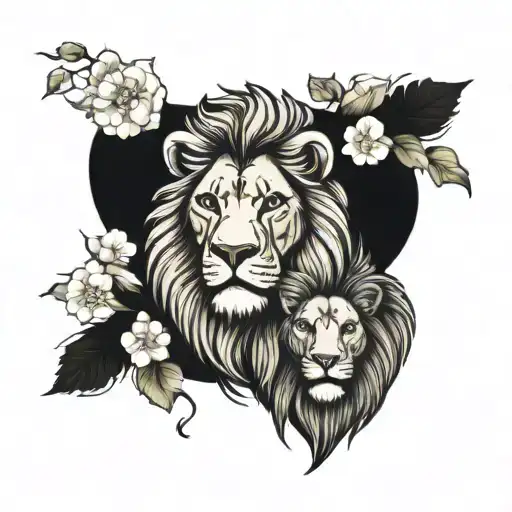 half face male lion and female lion with flowers as a mane tattoo design idea