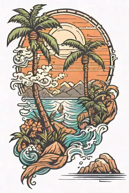 palm tree ocean mountain scene tattoo design idea