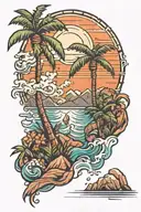 palm tree ocean mountain scene tattoo design idea