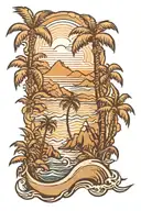 palm tree ocean mountain scene tattoo design idea