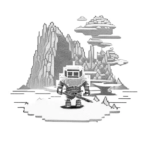 A pixelated gamer character trekking through a mountainous landscape tattoo design idea