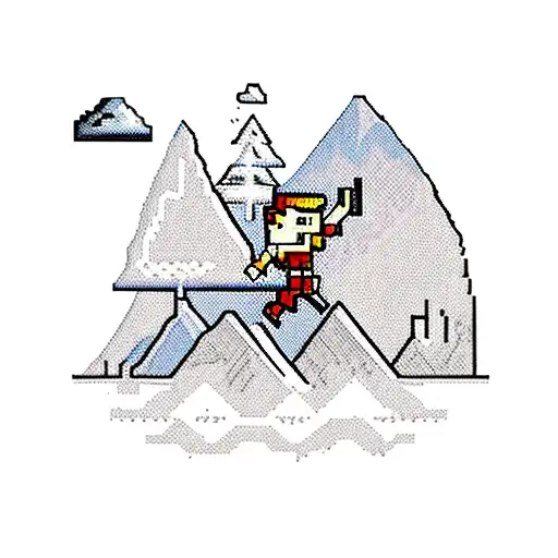 A pixelated gamer character trekking through a mountainous landscape tattoo design idea