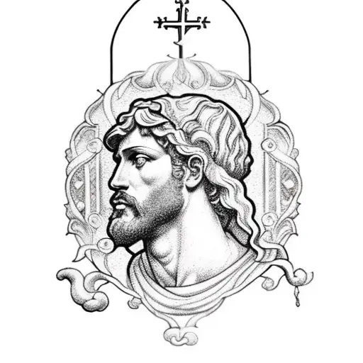 A majestic stained glass window depicting Greek gods in a church setting tattoo design idea