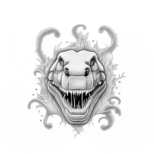 Cartoon trex making a heart tattoo design idea