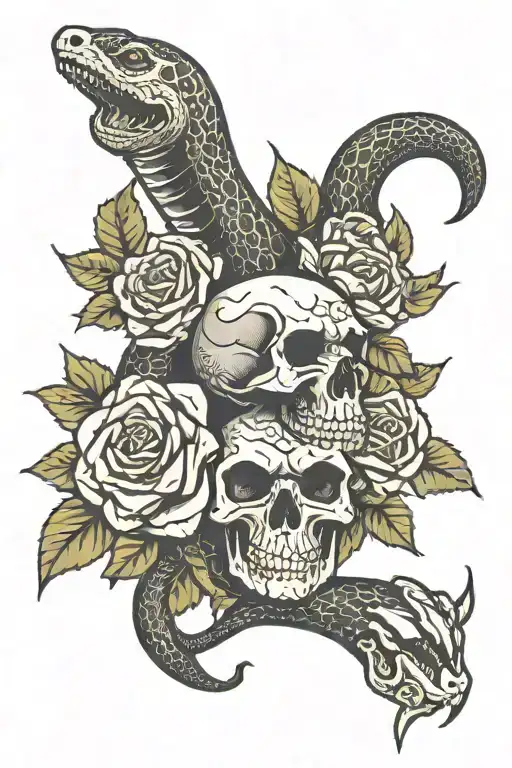 black mamba snake with skulls and roses tattoo design idea