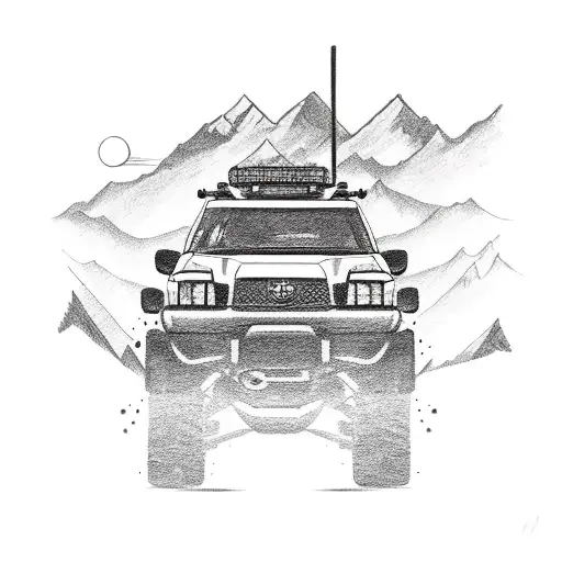 A sketch-style tattoo of a Toyota off-road vehicle surrounded by towering mountains tattoo design idea