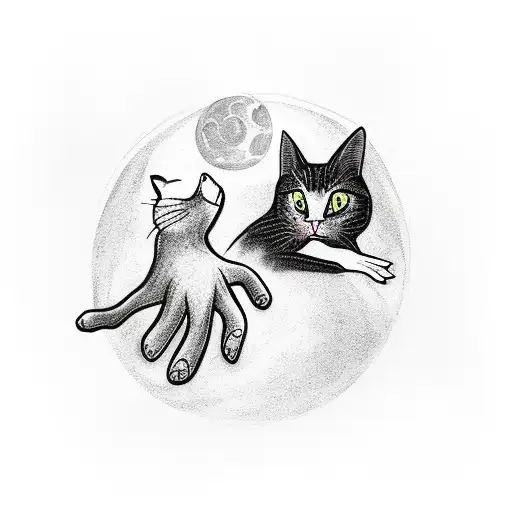 A witch's hand casting a spell with a cat familiar by her side, under a full moon tattoo design idea