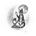 A witch's hand casting a spell with a cat familiar by her side, under a full moon tattoo design idea