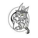 A witch's hand casting a spell with a cat familiar by her side, under a full moon tattoo design idea