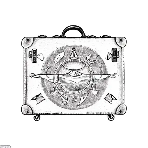 A vintage suitcase with travel stickers representing the client's zodiac sign as part of the design tattoo design idea