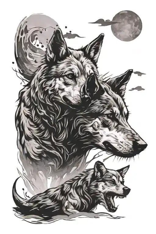 chinese ink brush style of wolf and cattle dog together  tattoo design idea