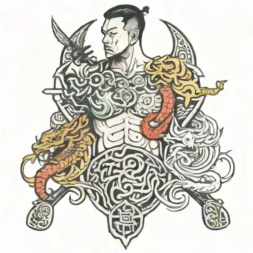 Full chest tattoo with japanese design on right part with samurai and dragon, while norse design on left with a viking a tattoo design idea