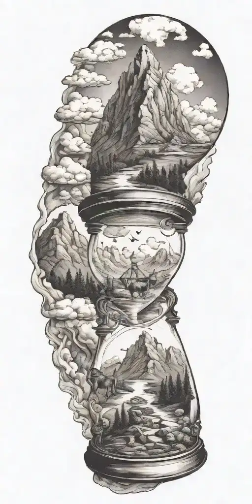 mountains, clouds, animals, hourglass   tattoo design idea