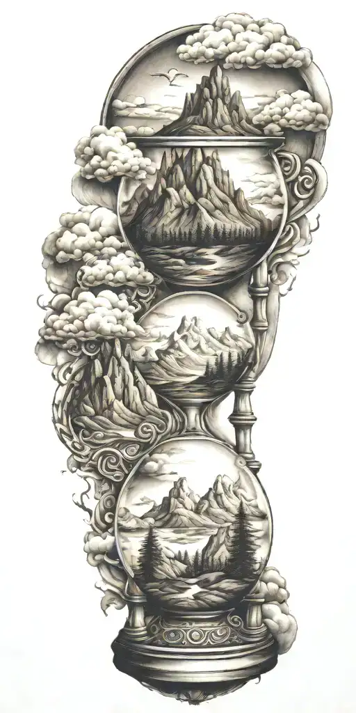 mountains, clouds, animals, hourglass   tattoo design idea