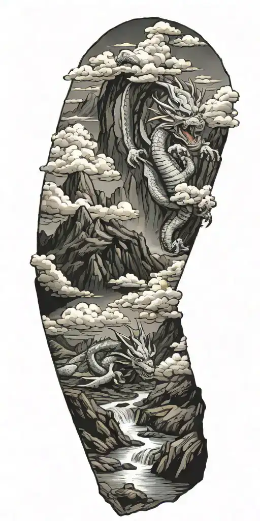 mountains, clouds, river, dragon ball z tattoo design idea