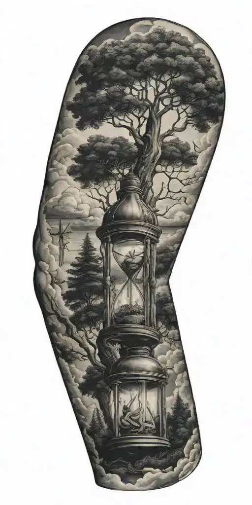clouds, trees, hourglass, animals   tattoo design idea