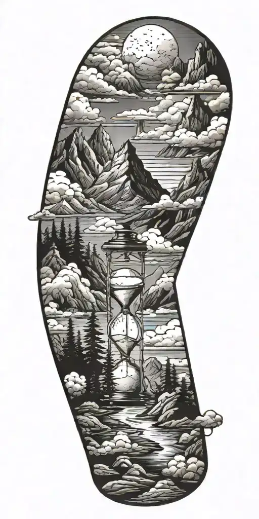 mountains, clouds, animals, hourglass   tattoo design idea