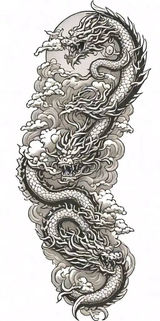 mountains, clouds, fire, Shenron  tattoo design idea