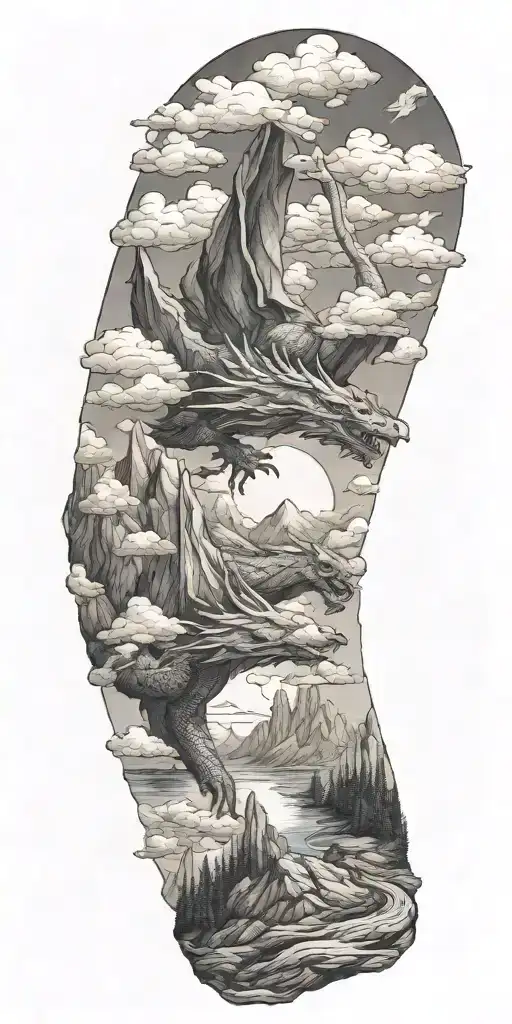 mountains, clouds, fire, dragon   tattoo design idea