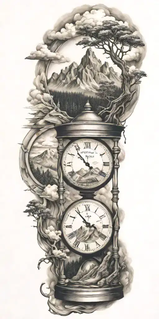 mountains, clouds, animals, hourglass , tree tattoo design idea