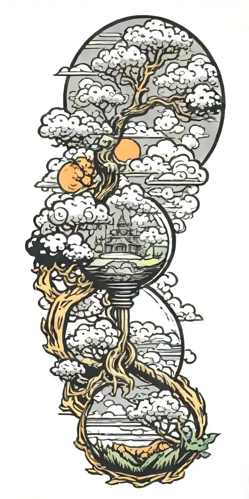 Dragonball, clouds, trees, hourglass  tattoo design idea