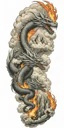mountains, clouds, fire, dragon tattoo design idea