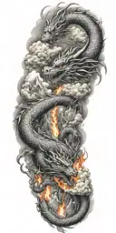 mountains, clouds, fire, dragon tattoo design idea