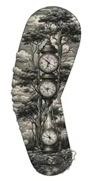 clouds, trees, hourglass, hunting  tattoo design idea
