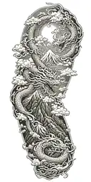 mountains, clouds, fire, Shenron  tattoo design idea