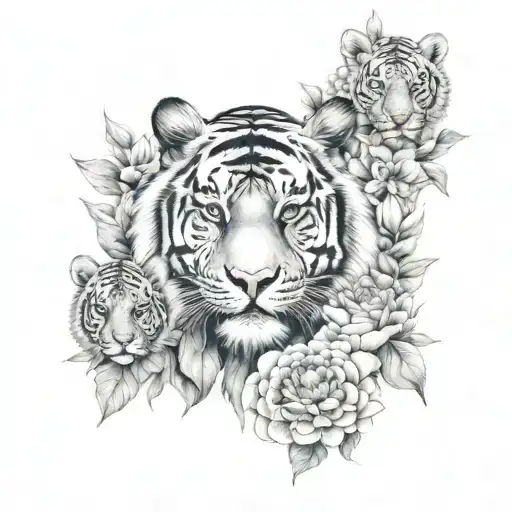 tiger with 2 cubs, peony and mandala design tattoo design idea
