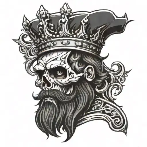 bearded skull with crown tilted 45 degree angle clock with eye in centre  tattoo design idea