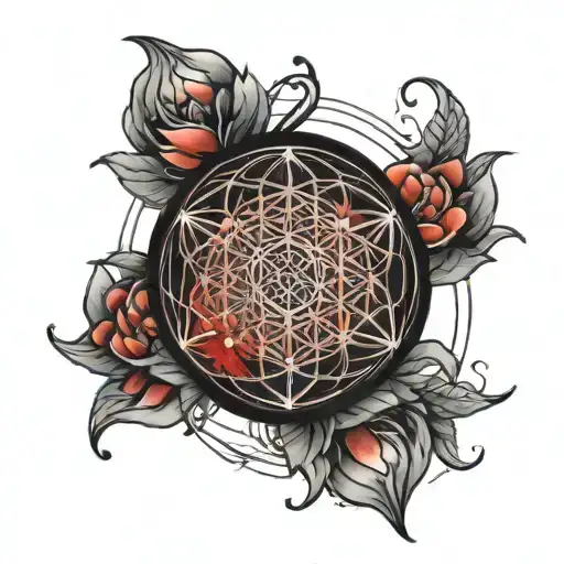 sphere with red aura surrounding it with a simple flower of life  tattoo design idea