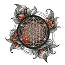 sphere with red aura surrounding it with a simple flower of life  tattoo design idea
