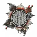 sphere with red aura surrounding it with a simple flower of life  tattoo design idea