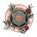 sphere with red aura surrounding it with a simple flower of life  tattoo design idea