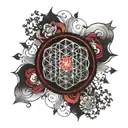 sphere with red aura surrounding it with a simple flower of life  tattoo design idea