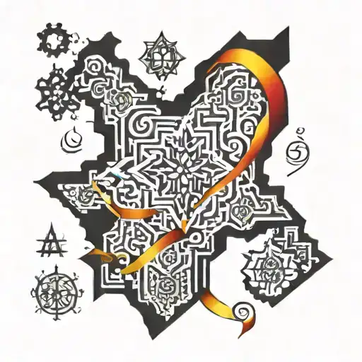 israel map made of tirbal pattern with yellow red ribbon on it tattoo design idea